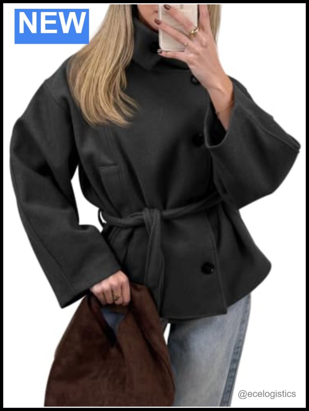Wool Blend Cropped Pea Coat with Belted Waist, Stand Collar, Side Pockets